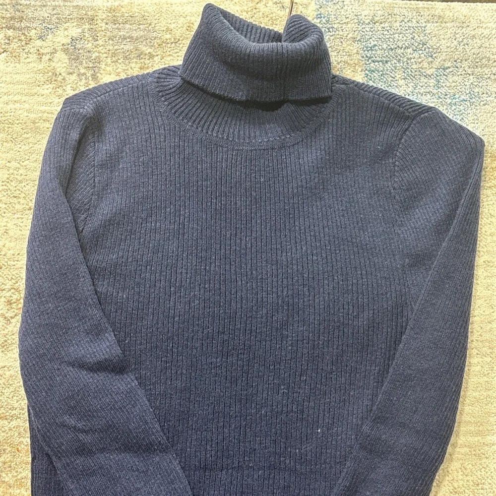 Vintage Mens Trumpeter Navy Blue Turtleneck Sweater 80s 90s Ribbed Knit